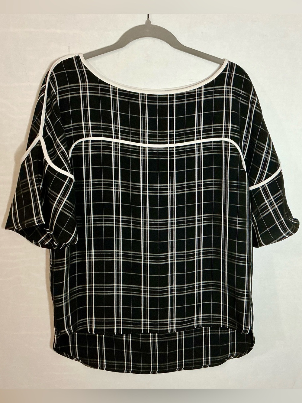 Calvin Klein Piped Plaid Pullover Blouse Black White Size S